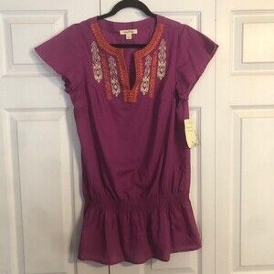 BRINA & EM NWT Small Purple Orange Orchid Tunic Embroidered V-Neck Smocked